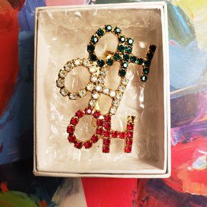 Vintage Holiday Sparkle Rhinestone Brooch Red Green Blue Oh Oh Oh! - Ho Ho Ho!